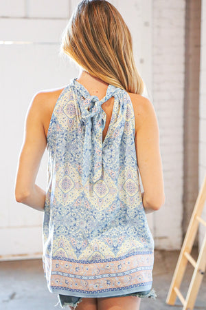 Boho Print Keyhole Halter Neck Woven Top