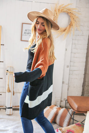 Rust/Black Color Block Midi Length Knit Cardigan