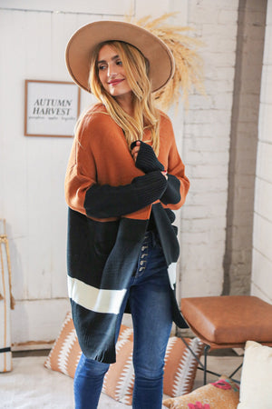 Rust/Black Color Block Midi Length Knit Cardigan