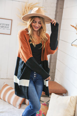 Rust/Black Color Block Midi Length Knit Cardigan