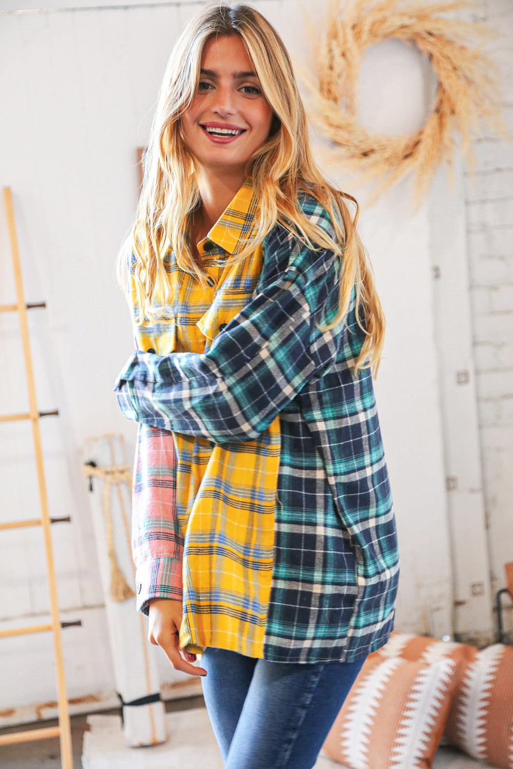 Pink Butterscotch & Navy Plaid Color Block Loose Fit Shirt