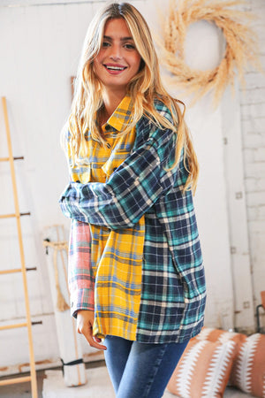 Pink Butterscotch & Navy Plaid Color Block Loose Fit Shirt