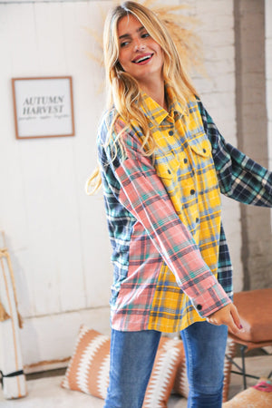 Pink Butterscotch & Navy Plaid Color Block Loose Fit Shirt