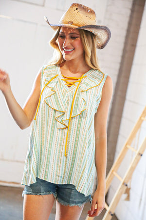 Mint Boho Vertical Stripe Laced Ruffle V Neck Top