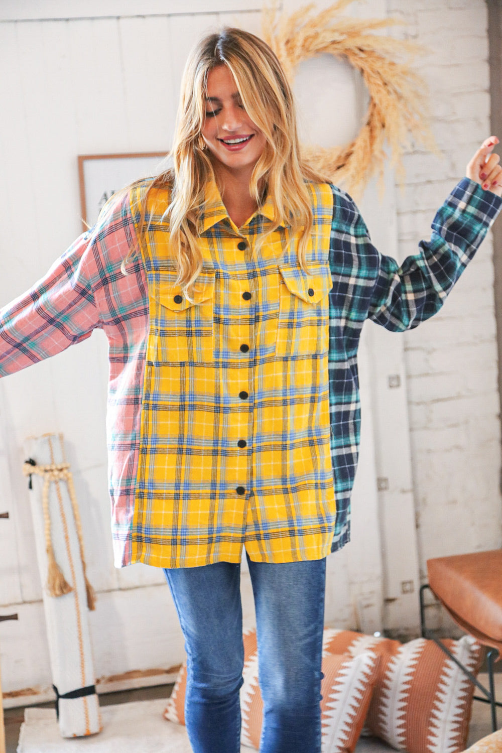 Pink Butterscotch & Navy Plaid Color Block Loose Fit Shirt