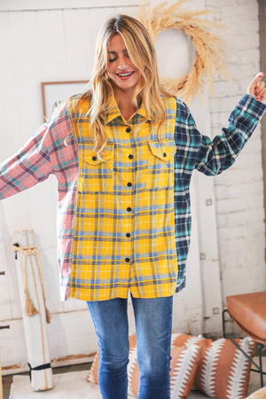 Pink Butterscotch & Navy Plaid Color Block Loose Fit Shirt