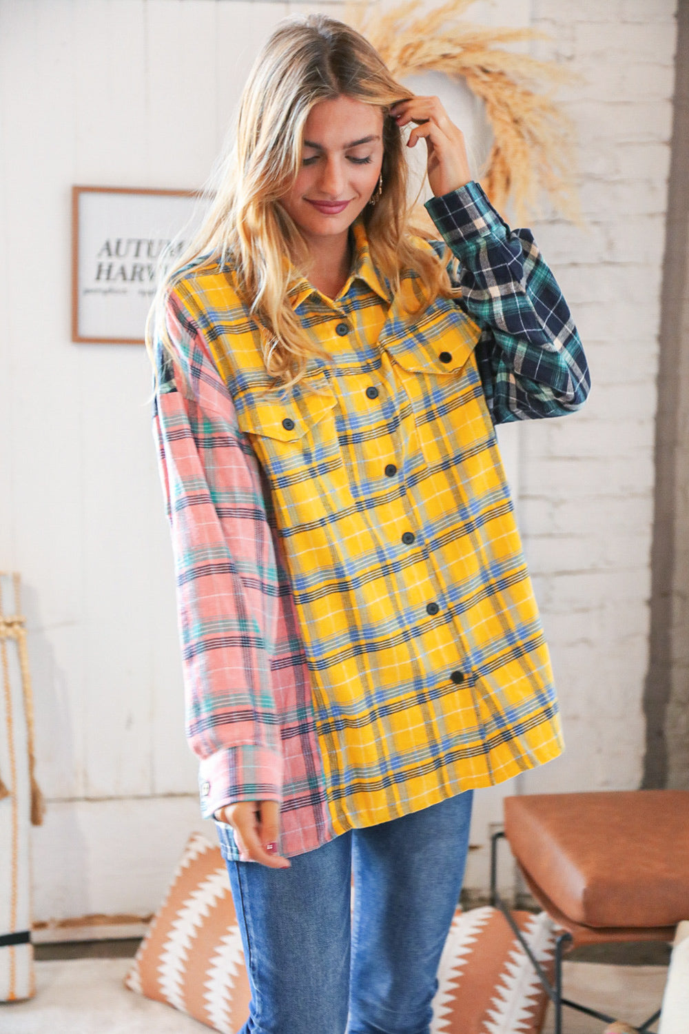 Pink Butterscotch & Navy Plaid Color Block Loose Fit Shirt