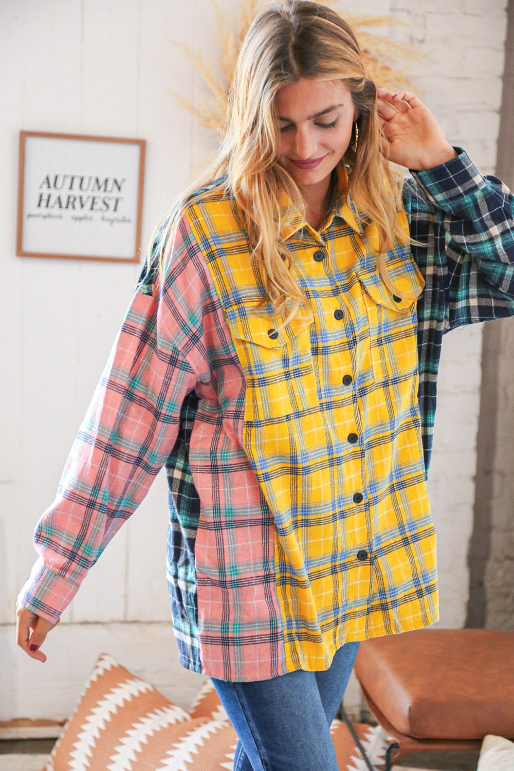 Pink Butterscotch & Navy Plaid Color Block Loose Fit Shirt