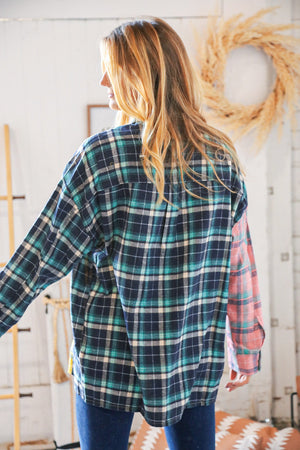 Pink Butterscotch & Navy Plaid Color Block Loose Fit Shirt