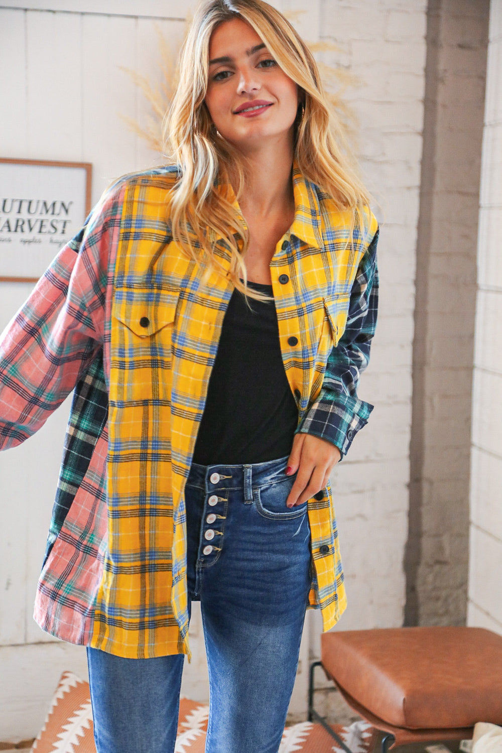 Pink Butterscotch & Navy Plaid Color Block Loose Fit Shirt