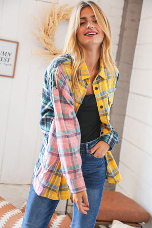 Pink Butterscotch & Navy Plaid Color Block Loose Fit Shirt