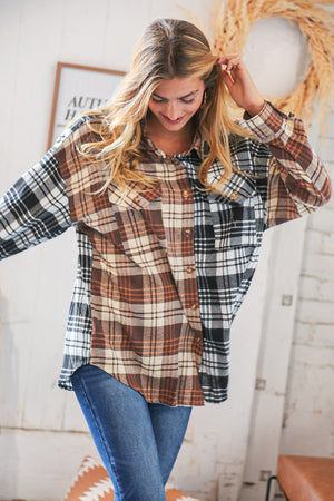 Brown & Black Plaid Color Block Button Down Loose Fit Shirt