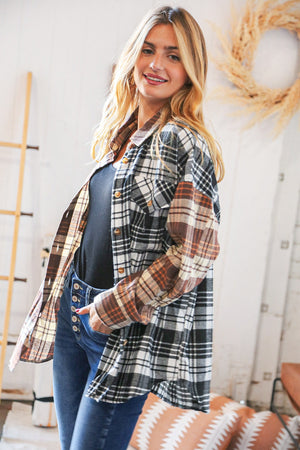 Brown & Black Plaid Color Block Button Down Loose Fit Shirt