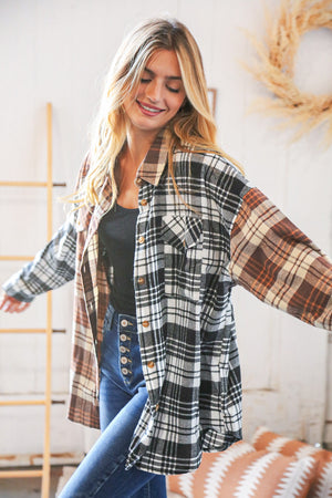 Brown & Black Plaid Color Block Button Down Loose Fit Shirt