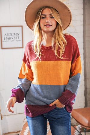 Multi Color Block Bubble Sleeve Oversize Sweater