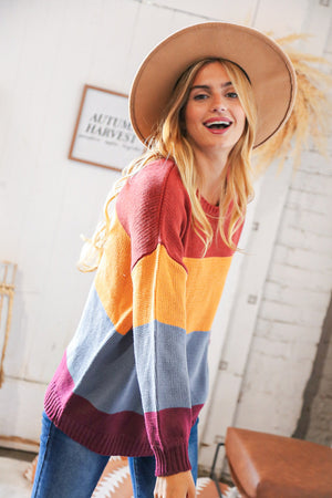 Multi Color Block Bubble Sleeve Oversize Sweater