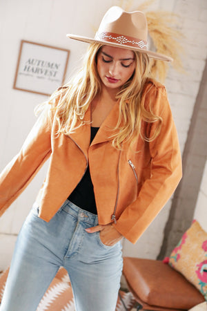 Camel Faux Suede Cropped Moto Jacket