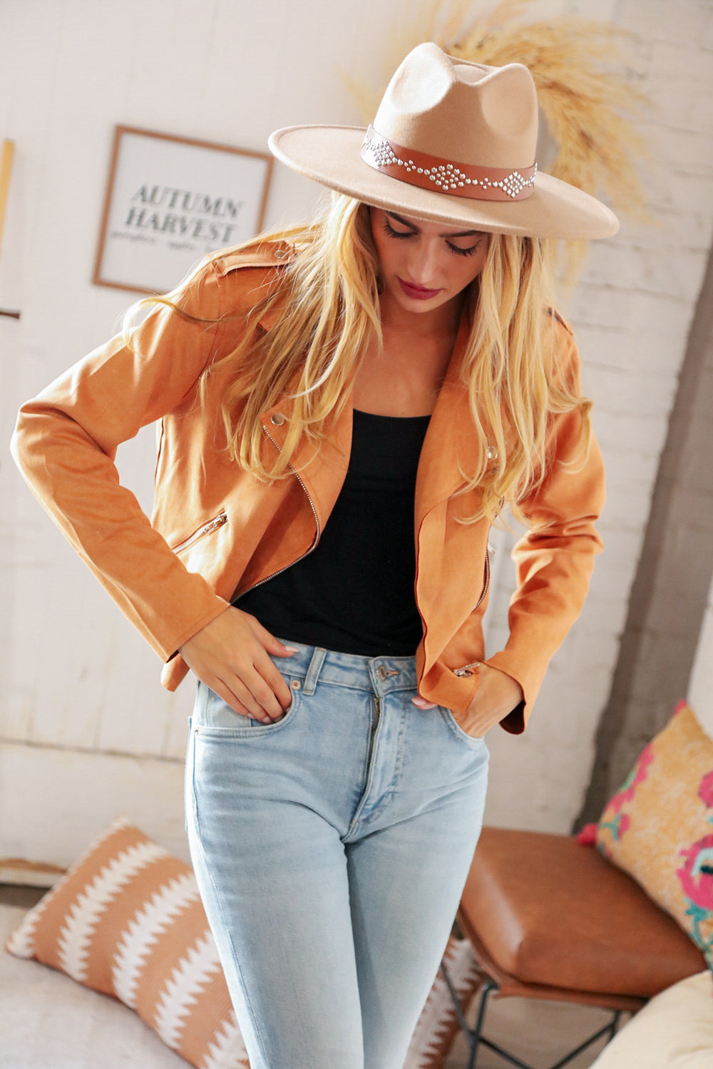 Camel Faux Suede Cropped Moto Jacket