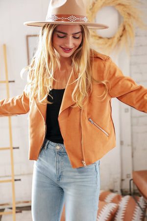 Camel Faux Suede Cropped Moto Jacket