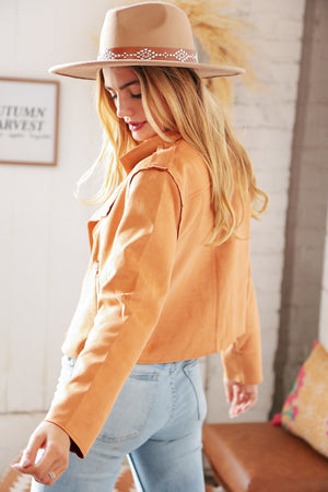 Camel Faux Suede Cropped Moto Jacket