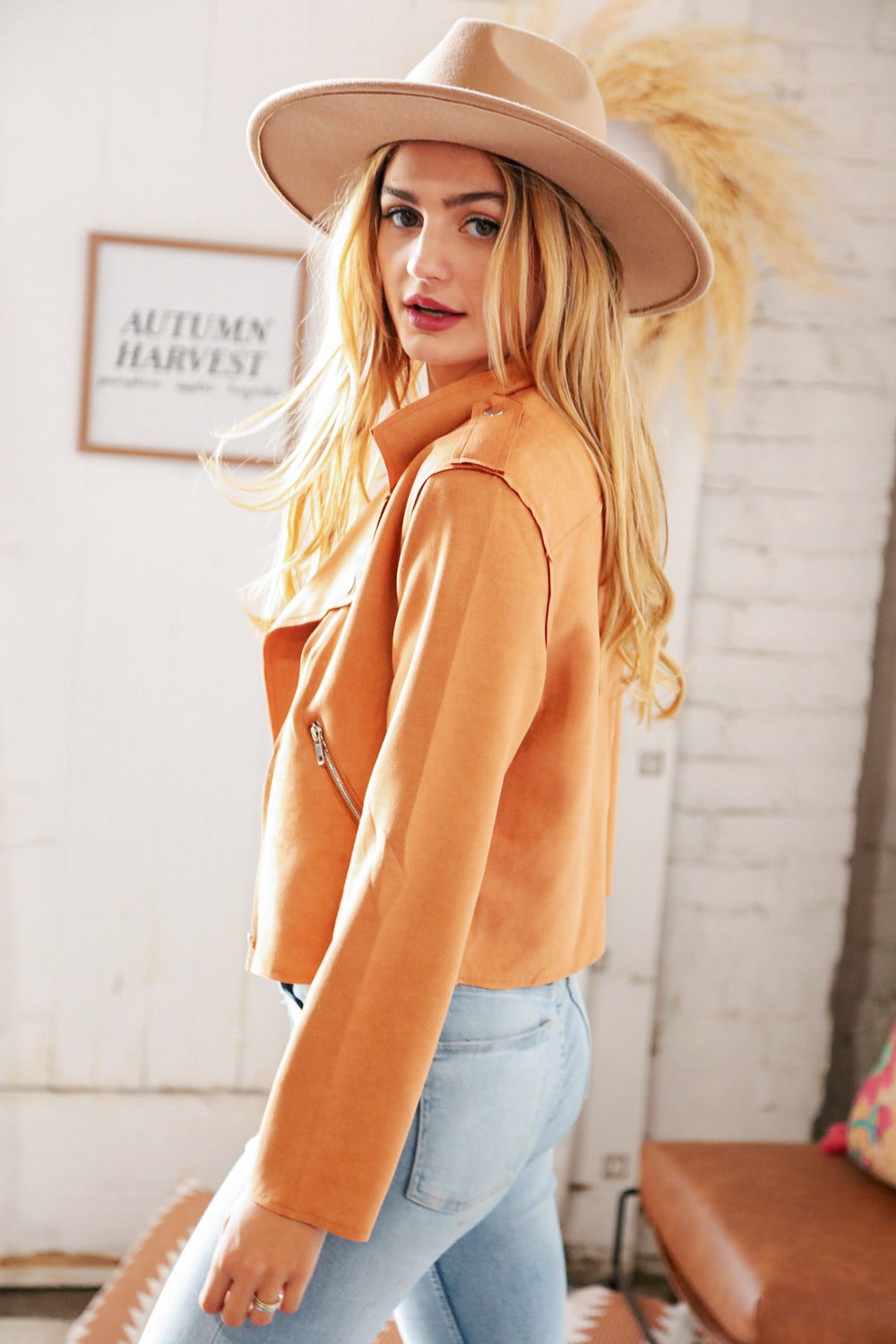 Camel Faux Suede Cropped Moto Jacket