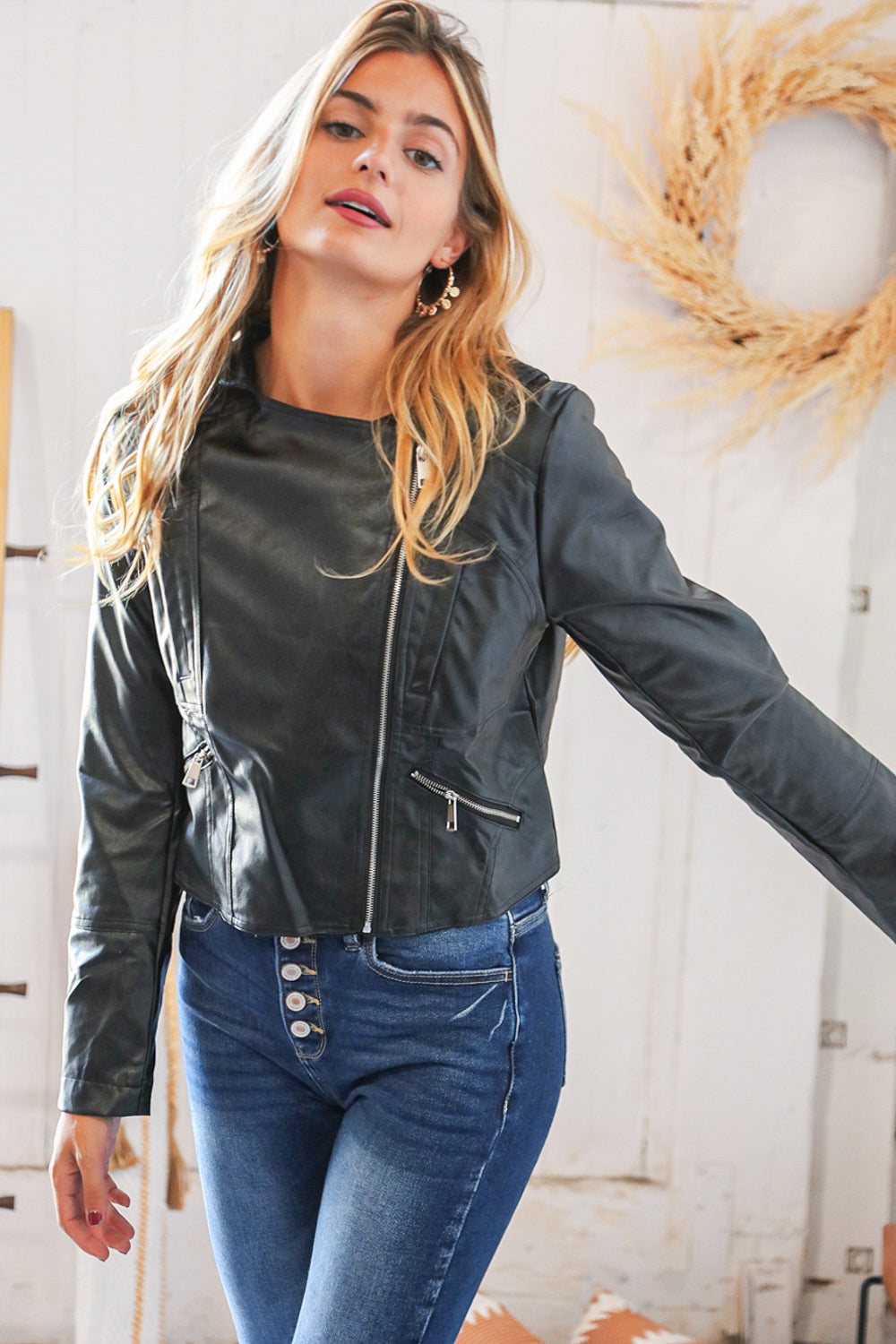 Black Faux Leather Stand Collar Zipper Biker Jacket