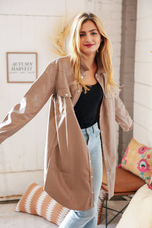 Taupe Faux Leather Sanp Button Down Shirt Jacket