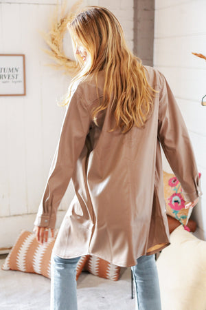 Taupe Faux Leather Sanp Button Down Shirt Jacket