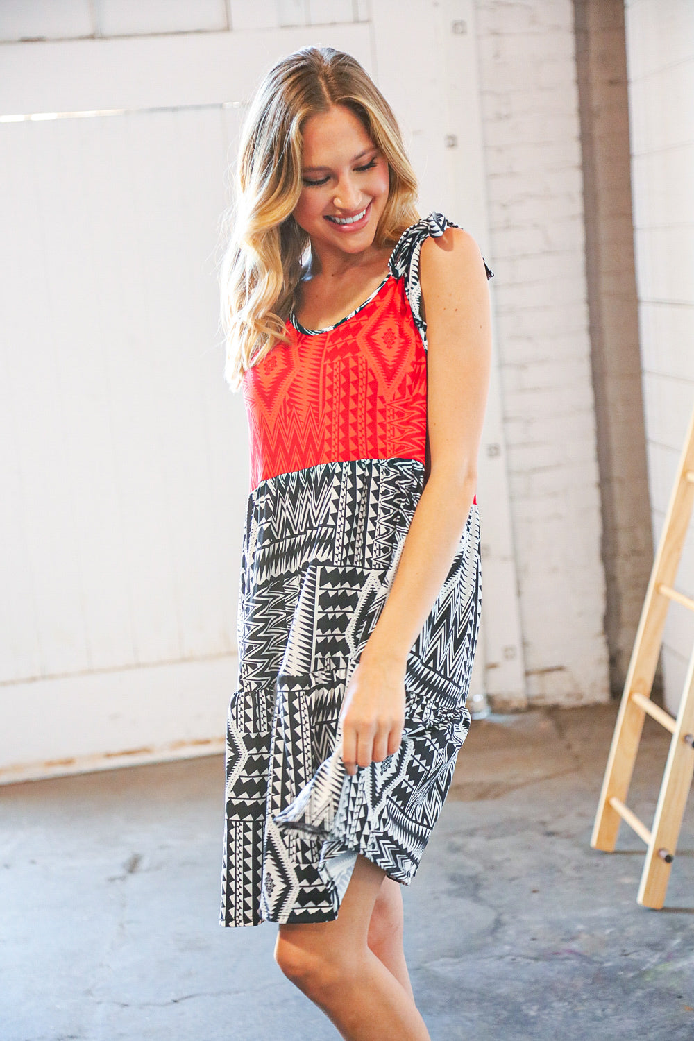 Red/Black Aztec Shoulder Tie Knot Tiered Dress