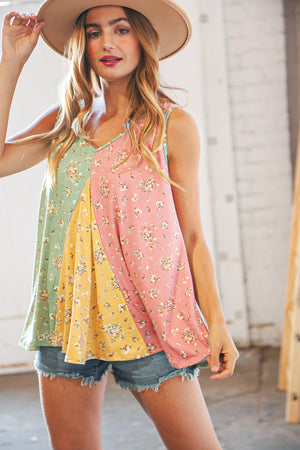 Sage Color Block Floral V Neck Swing Tank Top