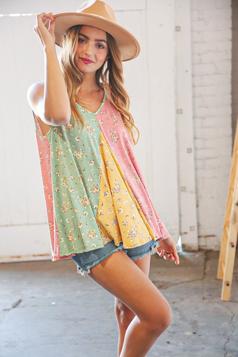 Sage Color Block Floral V Neck Swing Tank Top