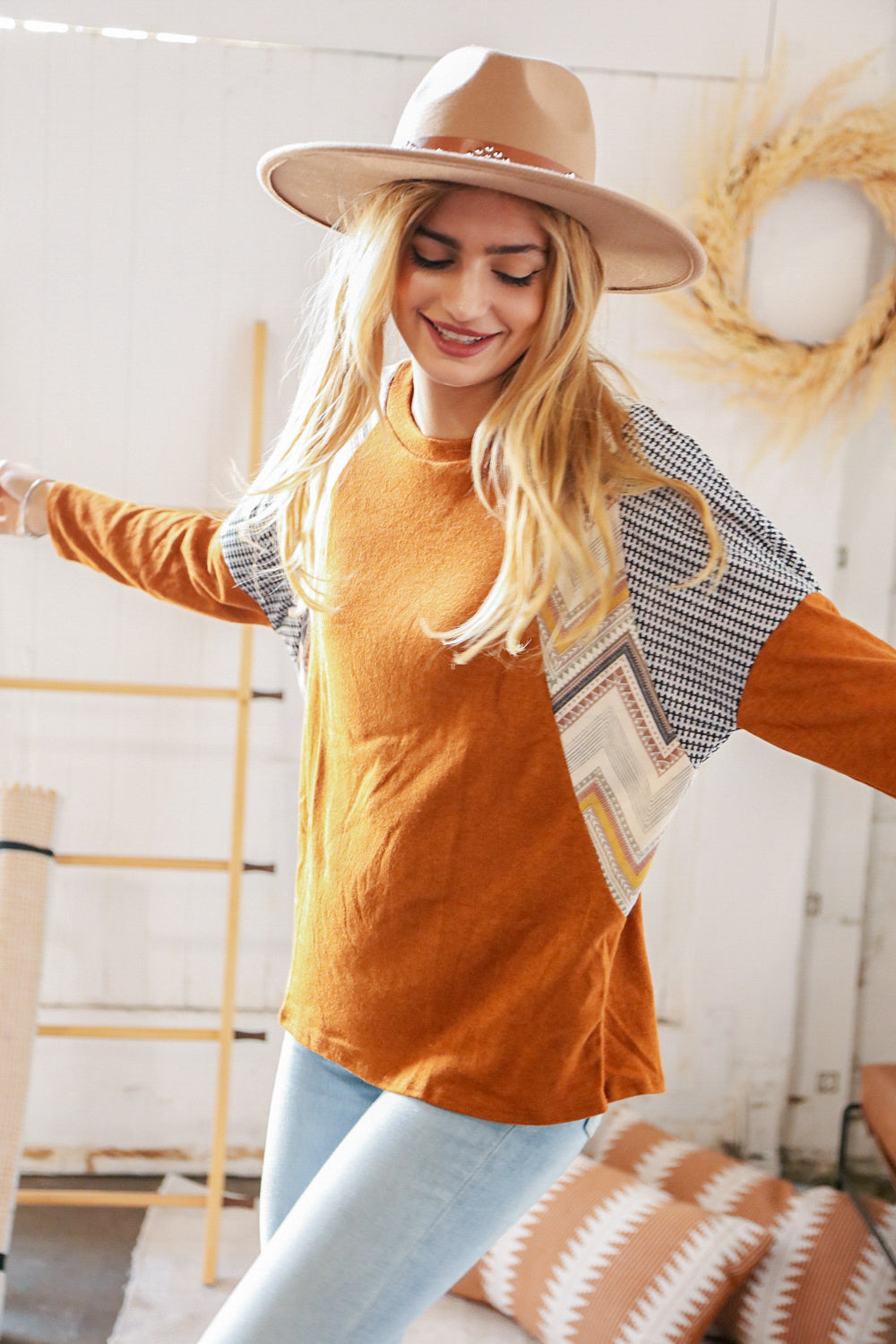 Rust Two-Tone Hacci Chevron Dolman Sweater Top