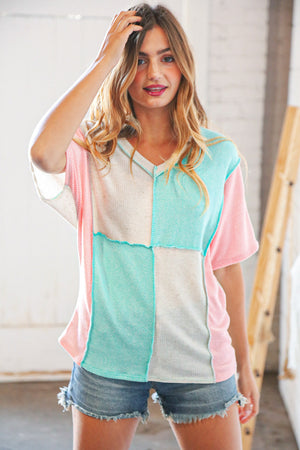 Oatmeal/Mint Linen Dolman Thermal Outseam Top