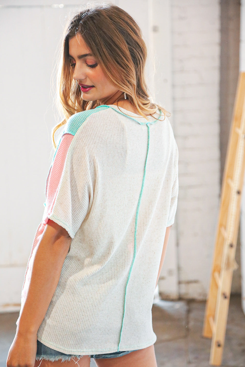 Oatmeal/Mint Linen Dolman Thermal Outseam Top