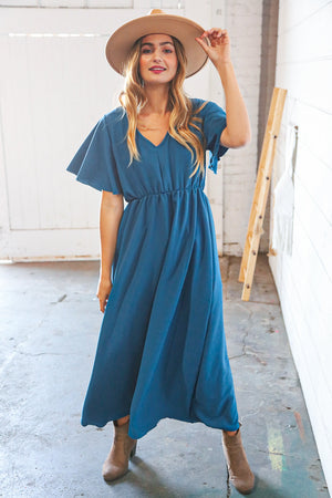 Teal Crepe Elastic Waist Woven Maxi Dress