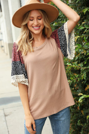 Taupe Leopard Print Crochet Bell Sleeve Ribbed Top