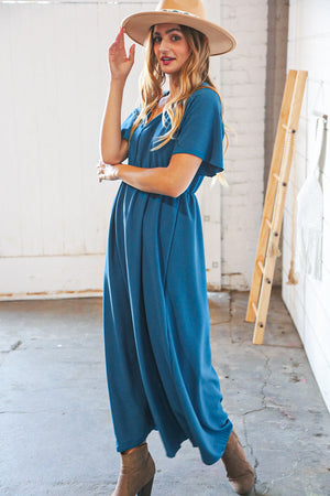 Teal Crepe Elastic Waist Woven Maxi Dress