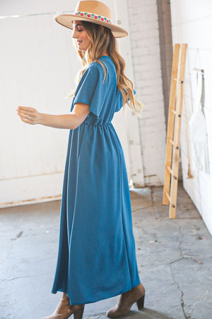 Teal Crepe Elastic Waist Woven Maxi Dress