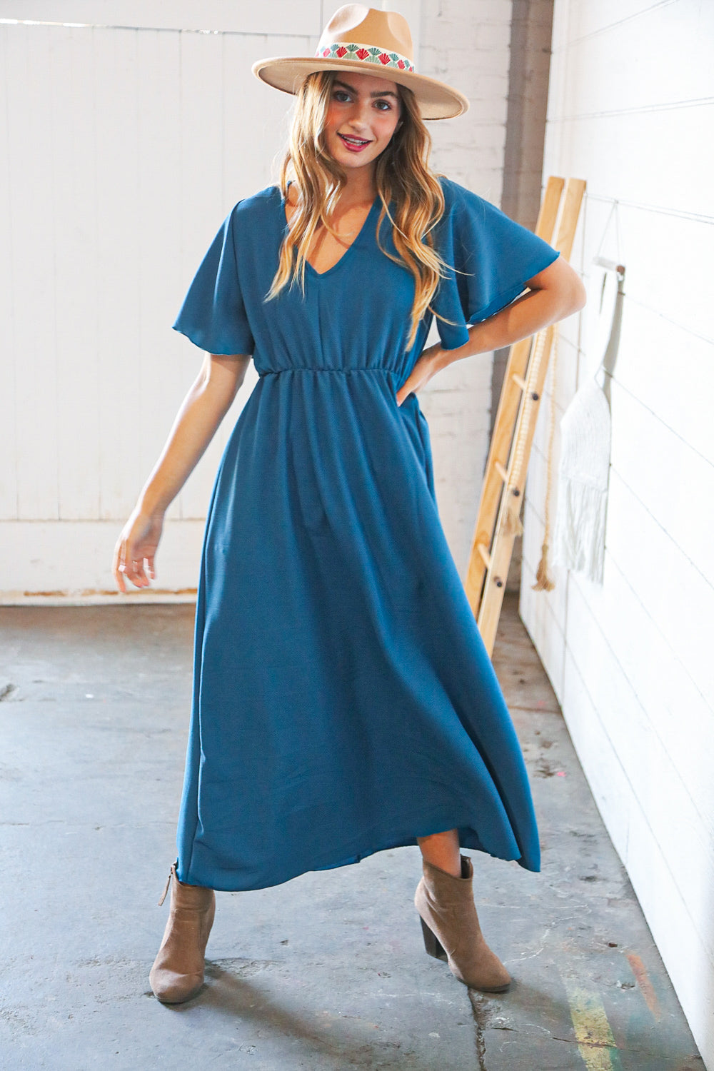 Teal Crepe Elastic Waist Woven Maxi Dress