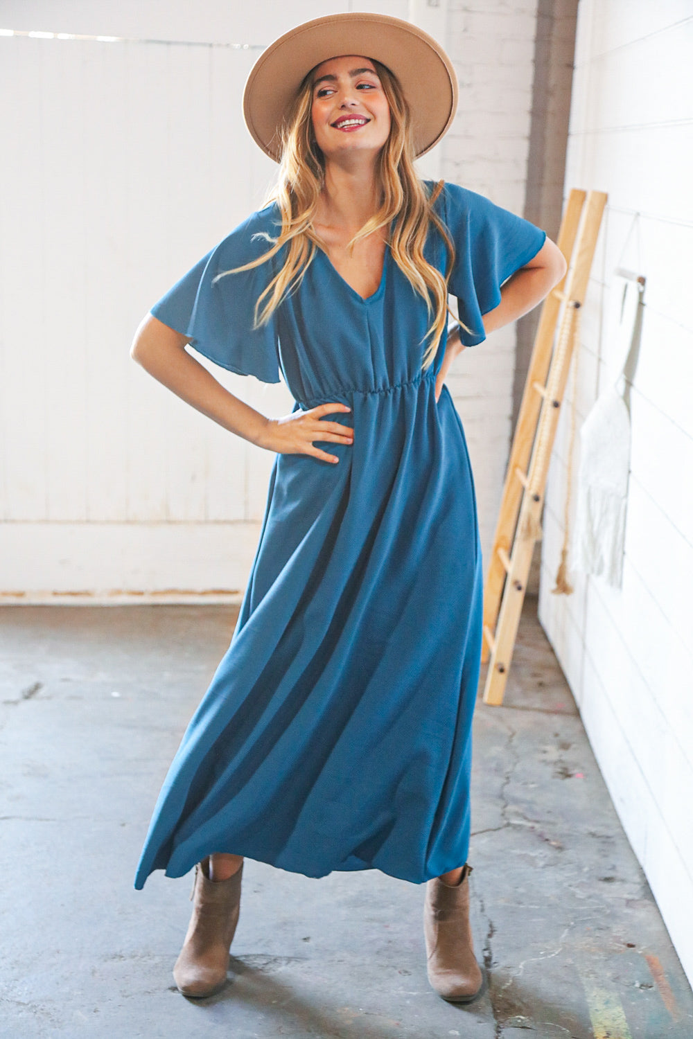 Teal Crepe Elastic Waist Woven Maxi Dress