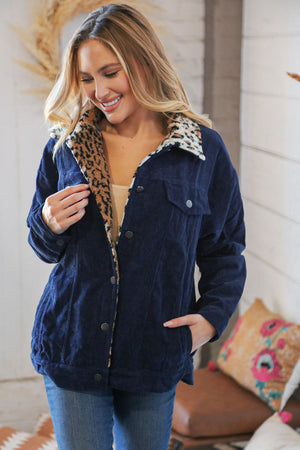 Navy Ribbed Animal Print Detail Button Sherpa Jacket