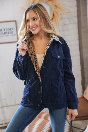 Navy Ribbed Animal Print Detail Button Sherpa Jacket