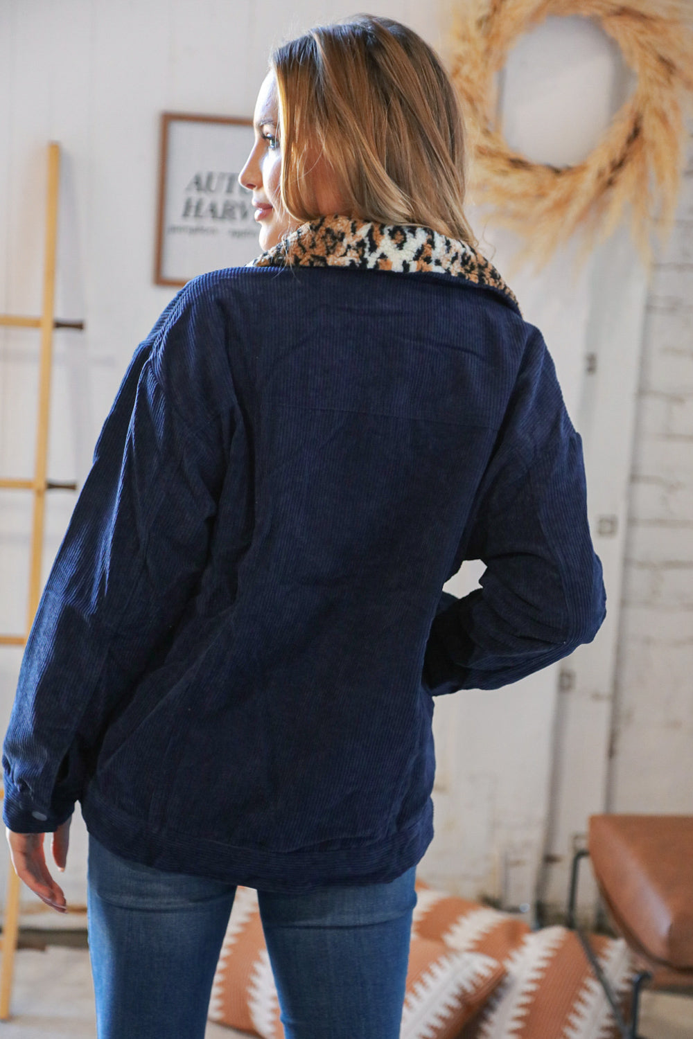 Navy Ribbed Animal Print Detail Button Sherpa Jacket