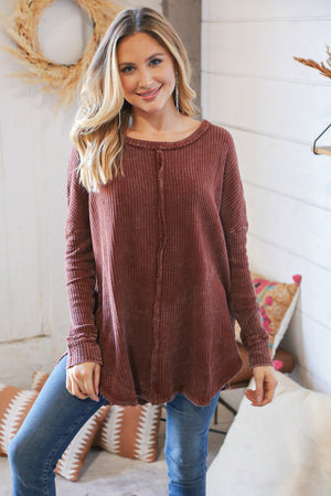 Rust Oversize Cotton Waffle Cut Edge Pullover