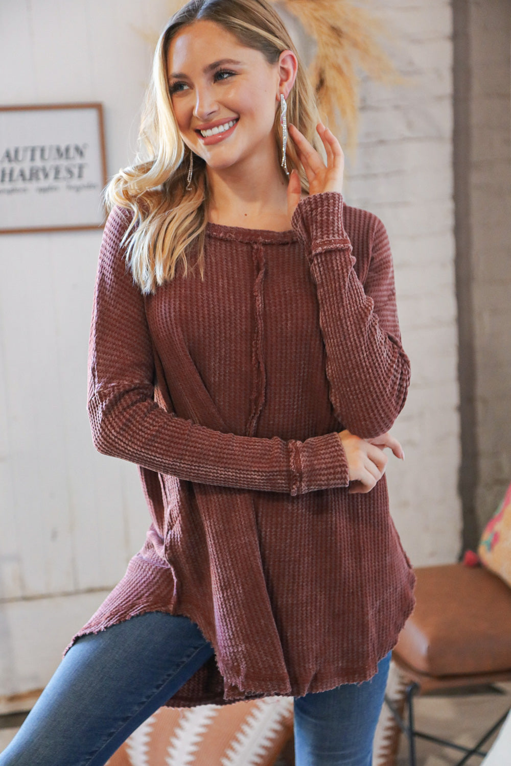 Rust Oversize Cotton Waffle Cut Edge Pullover