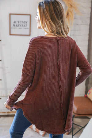 Rust Oversize Cotton Waffle Cut Edge Pullover