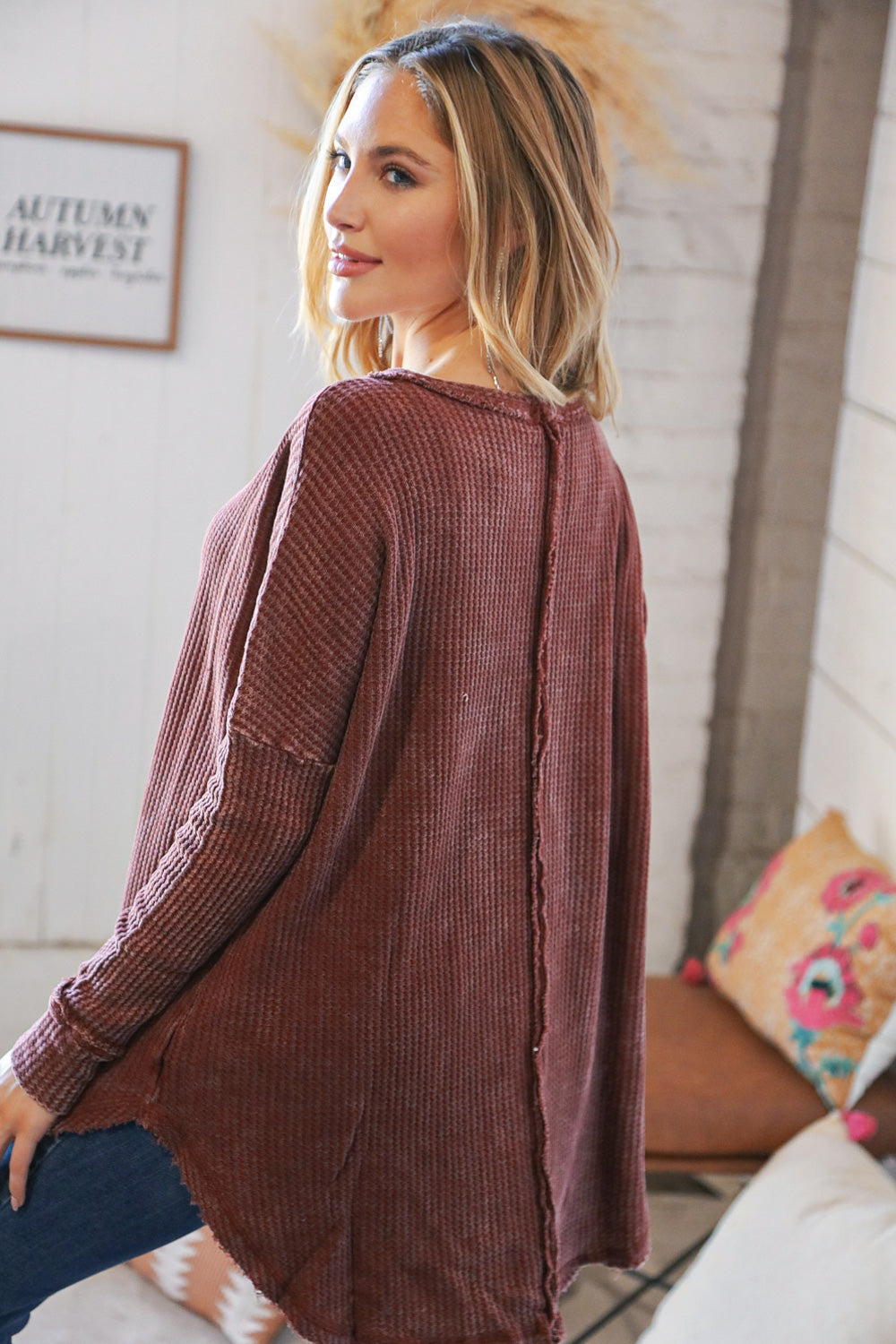 Rust Oversize Cotton Waffle Cut Edge Pullover