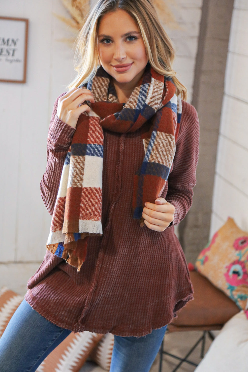 Rust Plaid Oblong Frayed Hacci Scarf