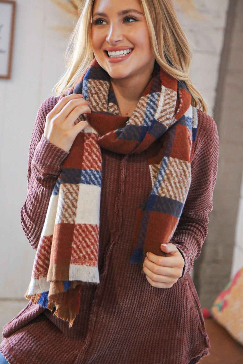 Rust Plaid Oblong Frayed Hacci Scarf