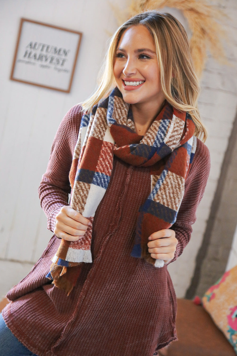 Rust Plaid Oblong Frayed Hacci Scarf